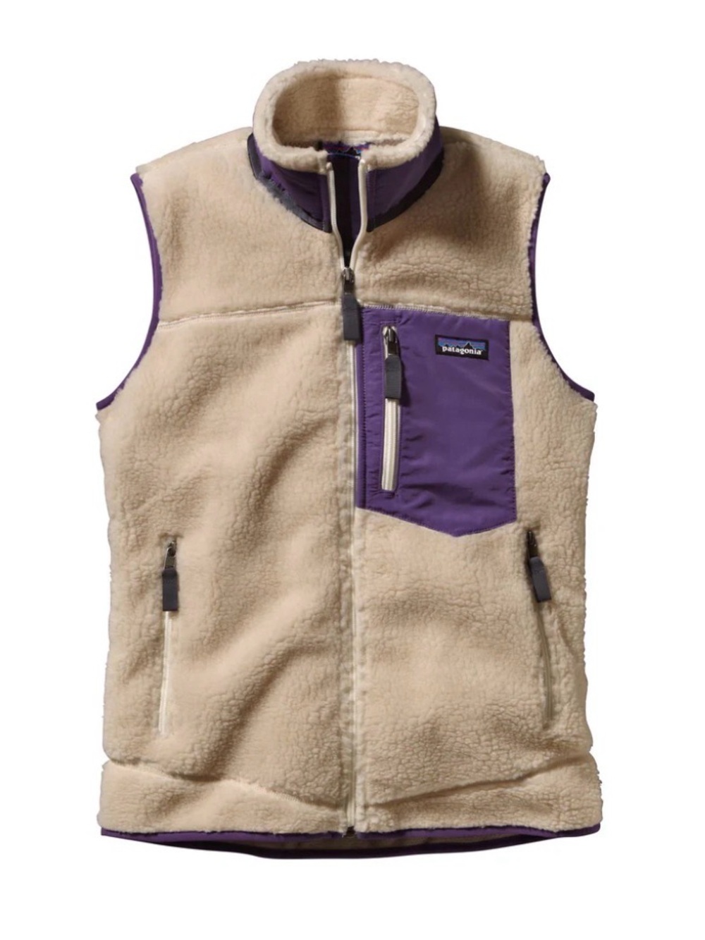 Patagonia Kids Cream Sherpa Vest with Purple Pocket Trim